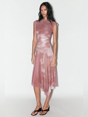 ZARA Mauve and White Tie-Dye Effect Shirted Tulle Asymmetric Hem Dress. S NWT
